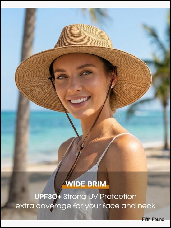 Summer Straw Fedora Hat Wide Brim UPF 80+ Adjustable Wind Lanyard main image 5